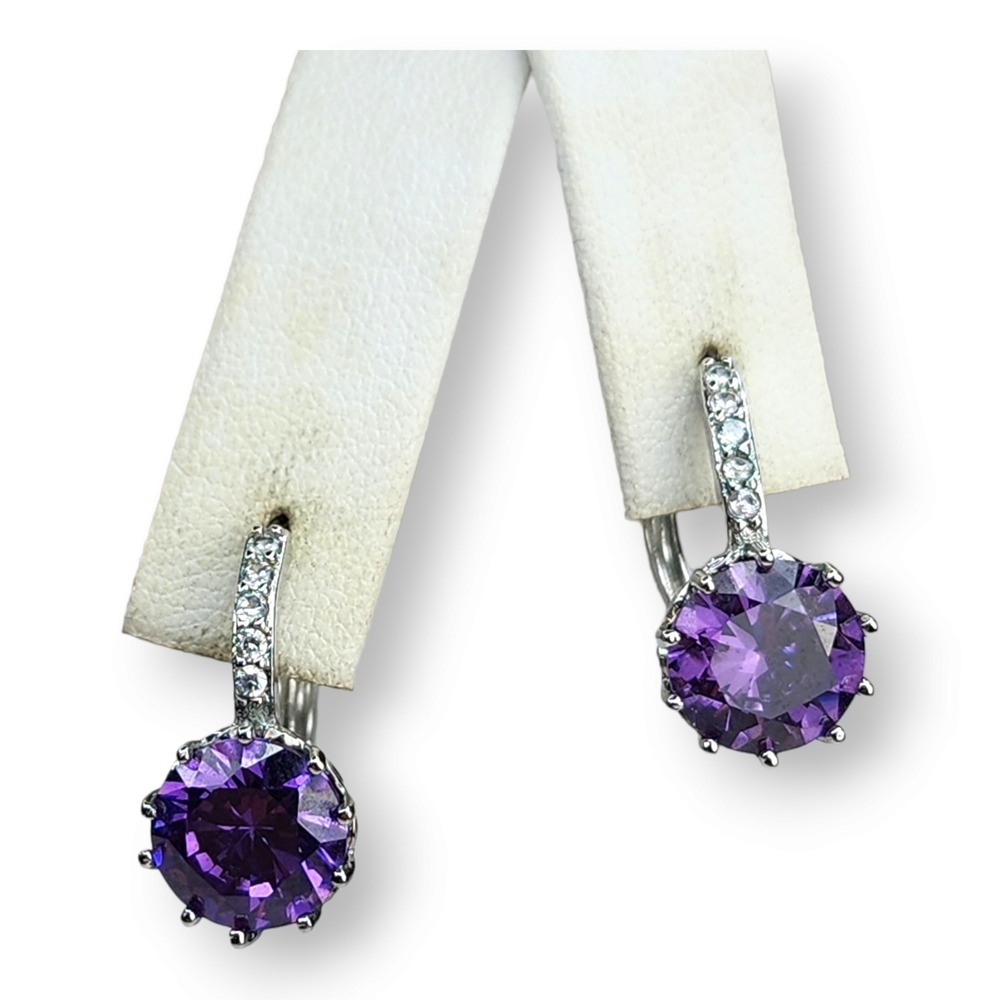 Vintage Silver Tone Purple Faceted Glass Costume Jewelry Omega Back‎ Earrings